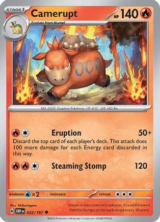 'Pokemon - 'Camerupt 032/197  - Reverse Holofoil SV03 Obsidian Flames - Uncommon