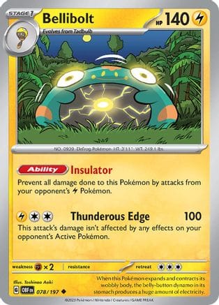 'Pokemon - 'Bellibolt 078/197  - Reverse Holofoil SV03 Obsidian Flames - Uncommon