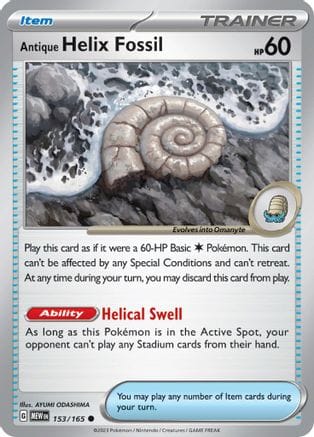 'Pokemon - 'Antique Helix Fossil 153/165  SV Scarlet & Violet 151 - Common