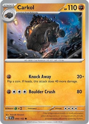'Pokemon - 'Carkol 094/162  - Reverse Holofoil SV05 Temporal Forces - Common