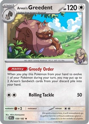 'Pokemon - 'Arven's Greedent 159/182  - Holofoil SV10 Destined Rivals - Rare