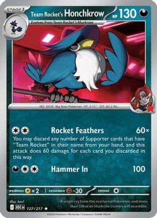 'Pokemon - 'Team Rocket's Honchkrow 127  - Reverse Holofoil ME Ascended Heroes - Rare