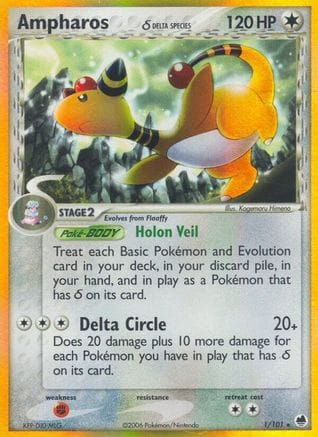 'Pokemon - 'Ampharos (Delta Species) 001/101  - Reverse Holofoil Dragon Frontiers - Holo Rare