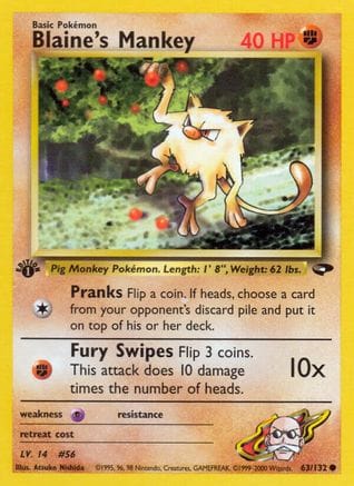 'Pokemon - 'Blaine's Mankey 063/132  - 1st Edition Gym Challenge - Common