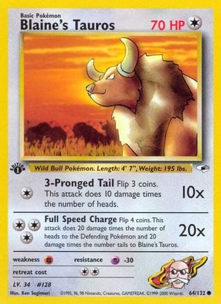 'Pokemon - 'Blaine's Tauros 064/132  - Unlimited Gym Heroes - Common